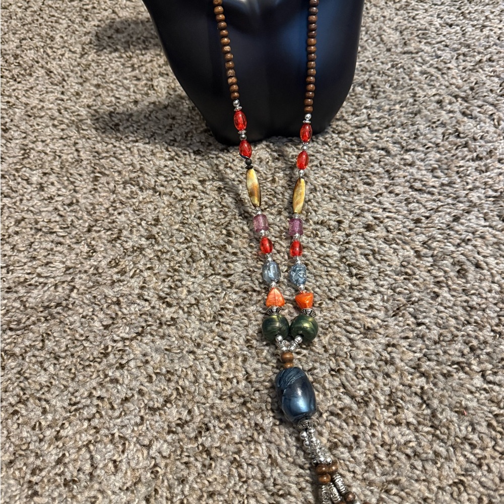 Bohemian Multi-Bead Pendant Necklace in Red, Orange, Green